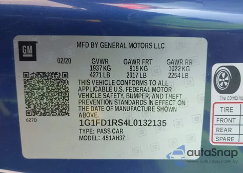 2020 Chevrolet Camaro Rwd 2Lt z USA, uszkodzony, nr VIN 1G1FD1RS4L0132135